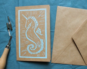Folding card hand-printed - seahorses - lino print