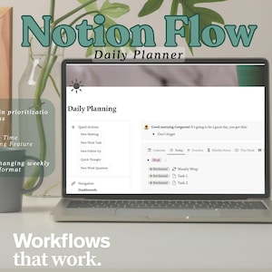 May include: A laptop screen displaying a Notion Daily Planner with the text "Good morning Gorgeous! It's going to be a great day, you got this!" and a list of tasks under the heading "Weekly Wrap".