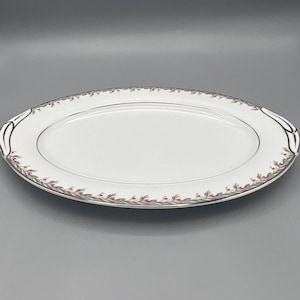 Noritake China Large Oval Platter, #5507 serving dish Dish. Mid-Century Modern Design with Pink Flowers, Platinum Trim, and Glossy Finish