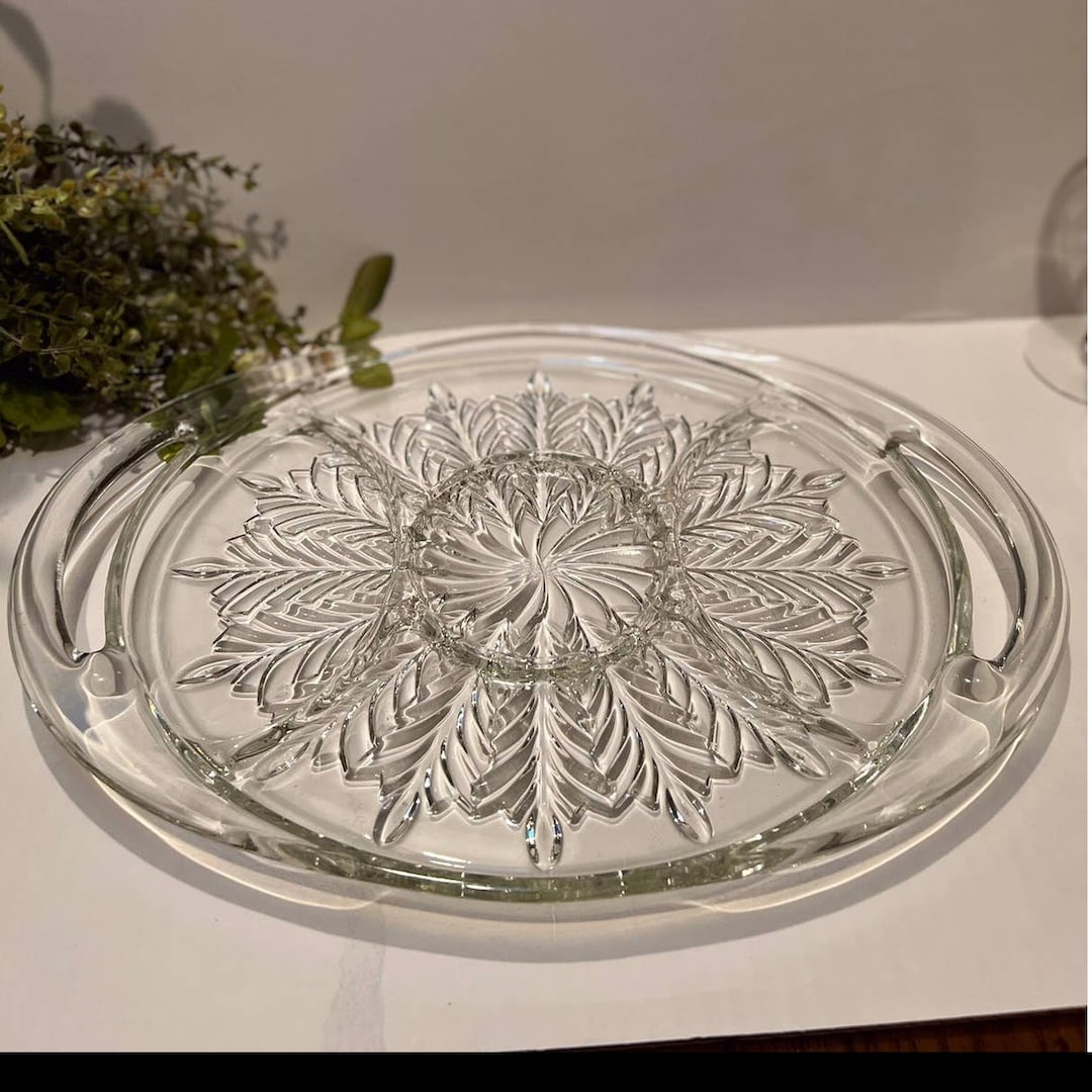 Oval Glass Divided Platter With Handles, Raised Feathered Pattern