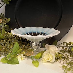 Antique Northwood White Opalescent and Clear Glass Pedestal Dish