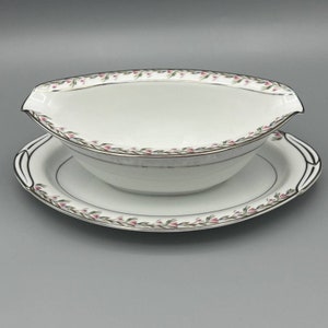 Noritake China Gravy Dish, #5507 serving dish Dish. Mid-Century Modern Design with Pink Flowers, Platinum Trim, and Glossy Finish