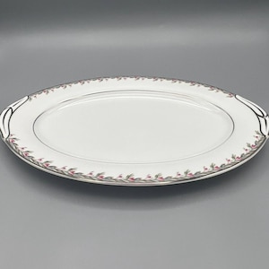 Noritake China 12&quot; Oval Platter, #5507 serving dish Dish. Mid-Century Modern Design with Pink Flowers, Platinum Trim, and Glossy Finish