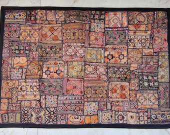 Tenture Murale Brodée Main Vintage Inde - 100x100cm, Perles, Paillettes, Décoration Ethnique