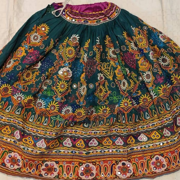 Embroidery Banjara skirt OOAK 40-50 years old wedding hand Embroidered skirt green color banjara Boho chic flare skirt