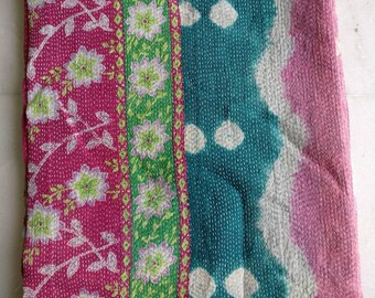 Vintage Reversible kantha Quilt, boho kantha bedding, Kantha throw, vintage boho sari quilt