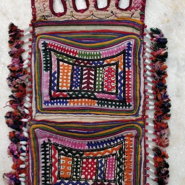 Antique Rare Rabari banjara foldable pouch, Bohemian wallet, 5 pocket hand embroidered vintage purse, rare Rabari pouch bag BG-124