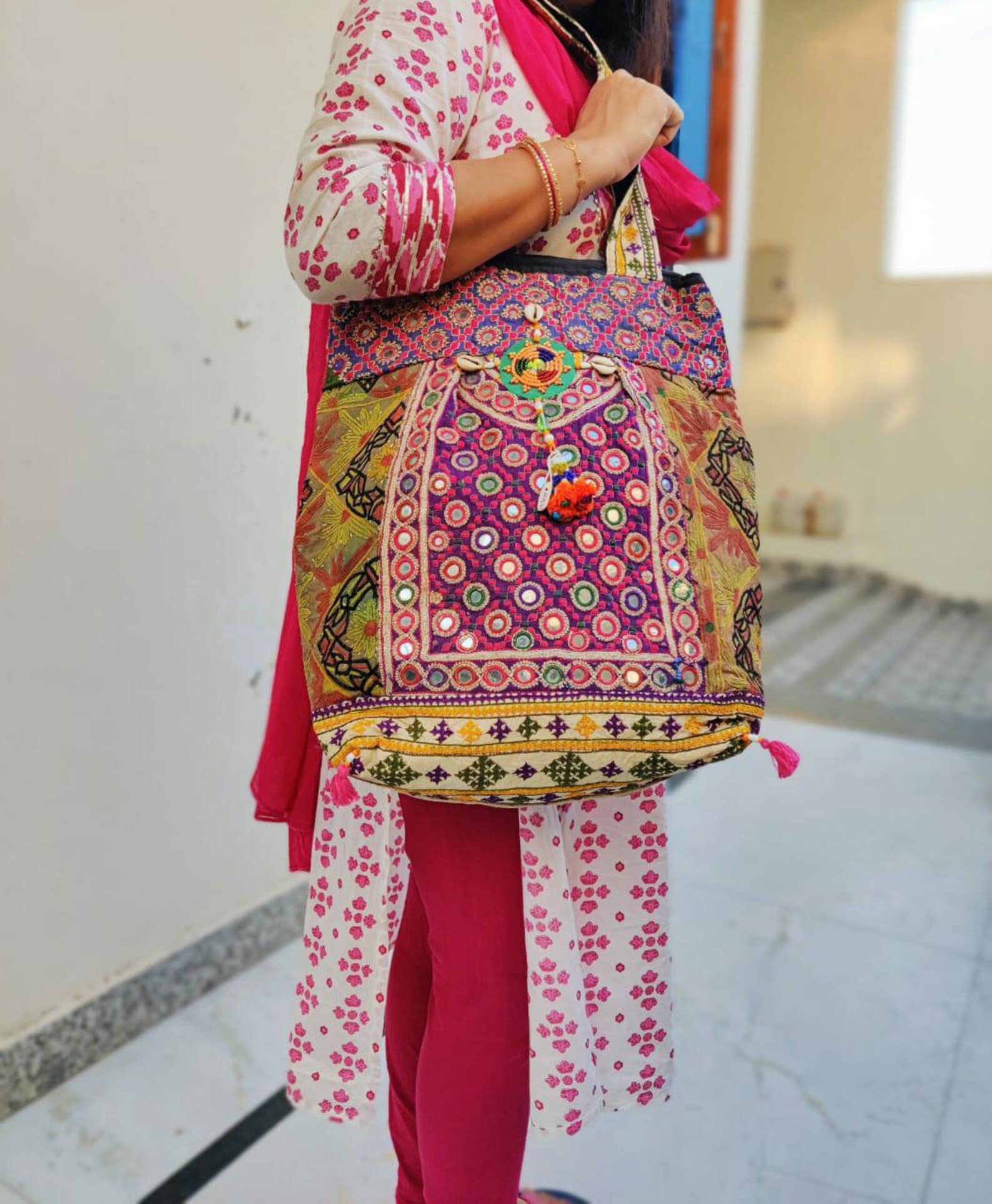 Pastel Pink Grey Banjara Handcrafted Embroidery Tote Bag main image 1