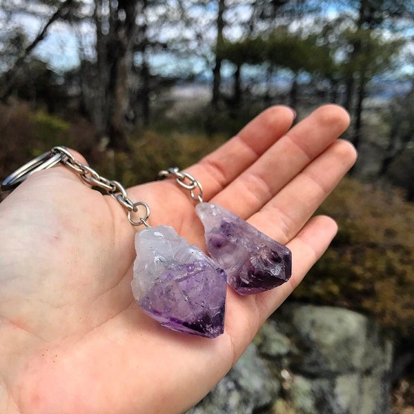 Natural Amethyst Keychain, Raw Rough Amethyst Key Ring, Crystal Point Keychain, Keyholder, Purple Amethyst Point Key Chain