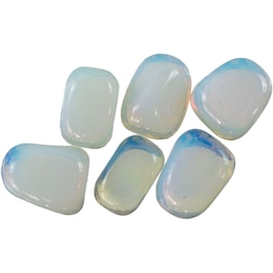 May include: Six smooth, white opal tumbled stones with iridescent blue and green hues. The stones are various shapes and sizes.