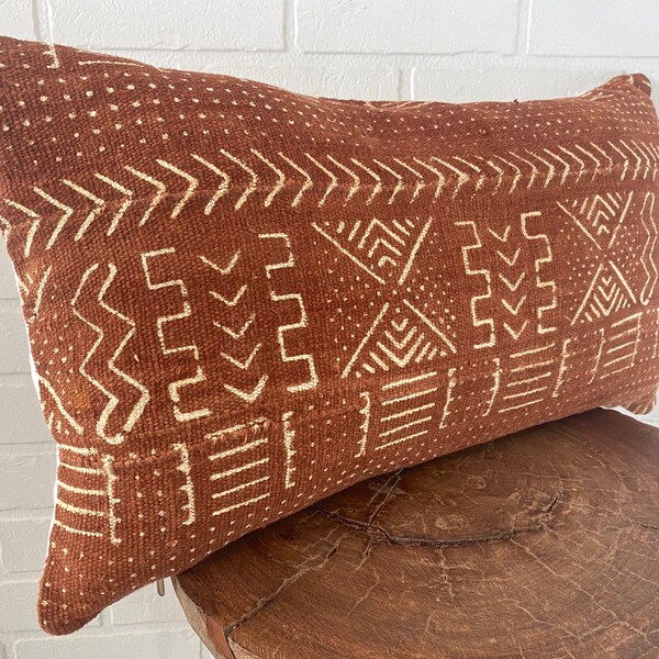 AFRICAN MUD CLOTH pillow cover 12 x 26” terracotta color authentic Mali hand loomed cotton natural dyed Bogolan fini