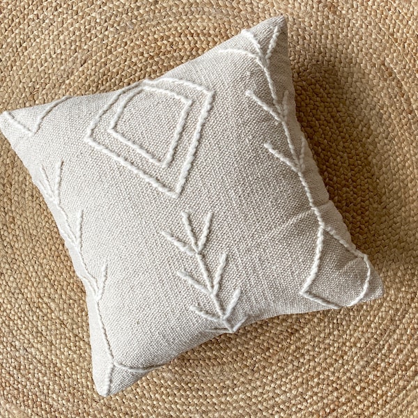 FAB handloom ivory cotton pillow cover 20"x20" hand embroidered soft texture - Boho scandi japandi south western coastal