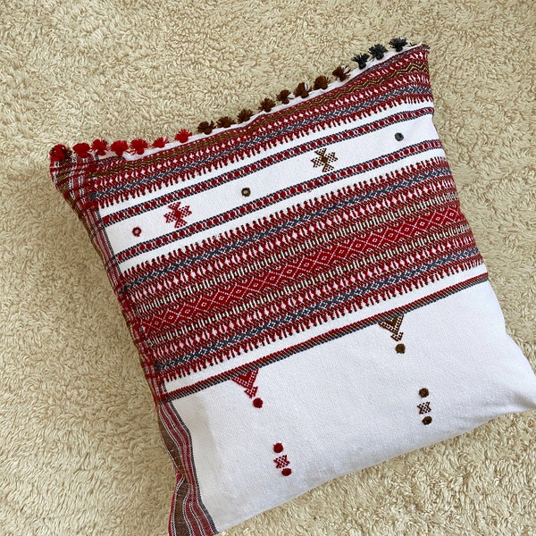 Bhujodi pillow cover 18"x18" hand loomed embroidered White wool. hand embroidered with terracotta, black and beige  . Perfect gift him her