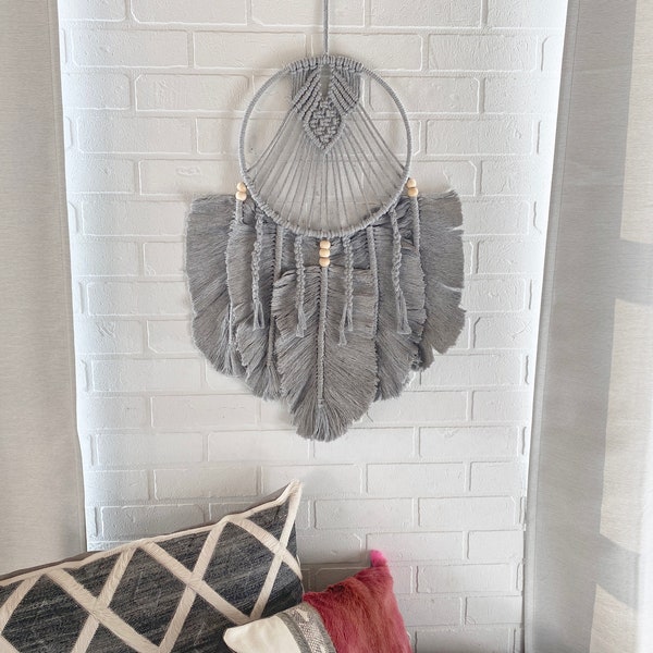 MACRAME feather dreamcatcher wall hanging 18"x24" natural cotton grey crochet handcrafted - FREE SHIPPING Usa and Canada