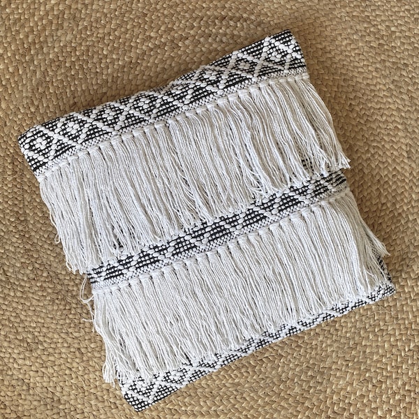 Fab boho macrame fringe pillow cover 18"x18" natural cotton with handknotted tassels scandi japandi boho coastal