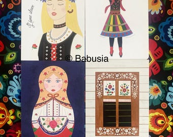 4 folk doll postcards - Krakowiak, Babushka and Zalipie - Polish and Slavic folklore