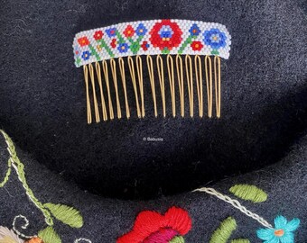 Zalipie Floral Hair Comb – Polish Folk Beaded Hair Accessory – Handwoven Miyuki Beads – Unique Handmade Piece