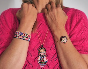 Long necklace Babushka Matryoshka Russian doll - Slavonic folklore jewelry