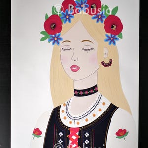 Illustration A4 Portrait of a Polish girl with traditional dress and wreath of flowers - Slavonic Polish folklore