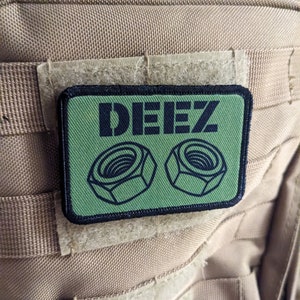 Deez nuts and bolts funny removable patch olive green 2"x3" morale patch with hook and loop backing