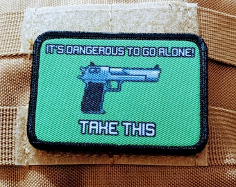 zelda its dangerous to go alone Desert Eagle meme 2nd amendment 2"x3" morale patch with hook and loop backing black