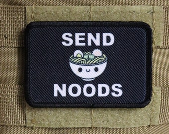 send noods ramen noodle meme cute  2"x3" morale patch with hook and loop backing