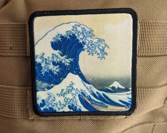 Große Welle von Kanagawa Japan Kunst 3 "x 3 "Moral Patch mit Klettverschluss auf der Rückseite