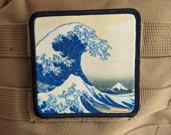 Great wave of kanagawa Japan art 3"x3" morale patch with hook and loop backing