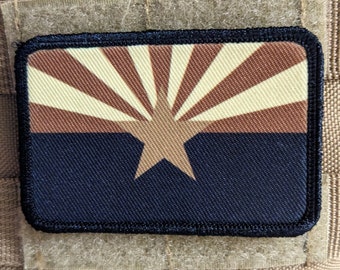 Subdued tan and brown Arizona state flag removable patch 2"x3" morale patch with hook and loop backing