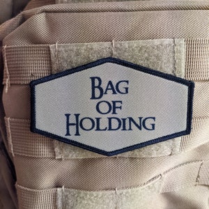 bag of holding dnd dungeons and dragon meme 4&quot;x2.5&quot; hexagon morale patch with hook and loop backing