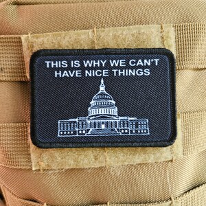 May include: A rectangular black patch with white text that reads "THIS IS WHY WE CAN'T HAVE NICE THINGS" above a white line drawing of the U.S. Capitol building. The patch is attached to a tan fabric with hook and loop fasteners.