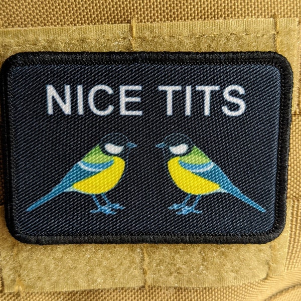 NICE TITS...they're birds, get your mind out of the gutter 2"x3" morale patch with hook and loop backing military joke meme