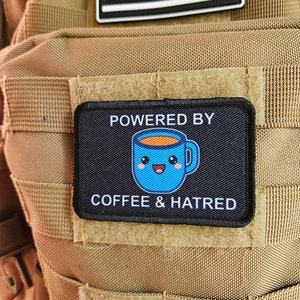 Powered by coffee and hatred meme 2"x3" removable morale patch with hook and loop backing