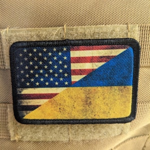 distressed USA Ukraine Flag patriotic America 2&quot;x3&quot; morale patch with hook and loop backing