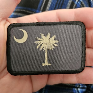 Subdued tan and brown South Carolina state flag removable patch 2&quot;x3&quot; morale patch with hook and loop backing