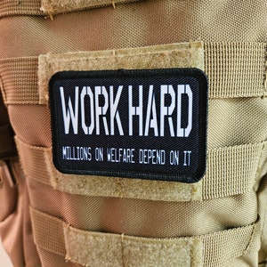 May include: A black patch with white text that reads "WORK HARD" and "MILLIONS ON WELFARE DEPEND ON IT" attached to a tan tactical vest.