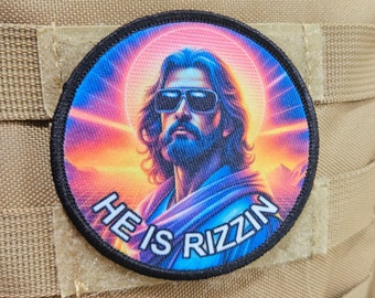 He is rizzin Jesus 80s Christian meme 3" circle morale patch with hook and loop backing
