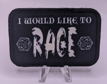 I would like to RAGE barbarian Dungeons and Dragons funny removable patch 2"x3" morale patch with hook and loop backing