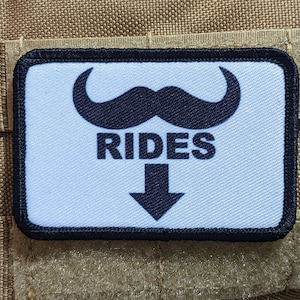 Mustache rides meme joke funny removable patch 2&quot;x3&quot; morale patch with hook and loop backing