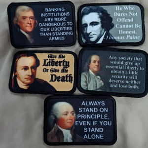 lot of 5 founding fathers quotes Ben Franklin, Thomas Paine, John Adams  2&quot;x3&quot; removable morale patch with hook and loop backing