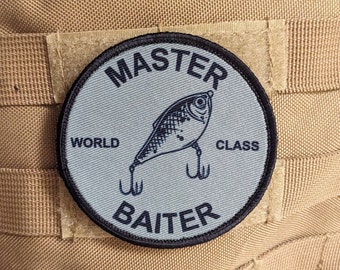 Master baiter fishing joke meme 3" circle removable morale patch with hook and loop backing