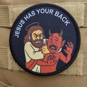 Jesus has your back funny 3" circle removable morale patch with hook and loop backing