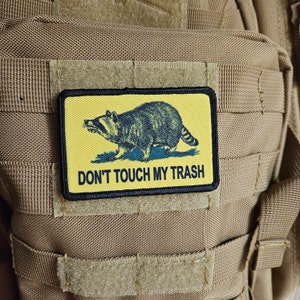 Don't touch my trash raccoon Gadsden flag meme 2"x3" removable morale patch with hook and loop backing