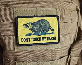 Don't touch my trash raccoon Gadsden flag meme 2"x3" removable morale patch with hook and loop backing