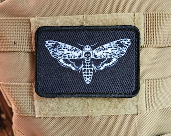 Death's head moth goth black background funny  2"x3" morale patch with hook and loop backing