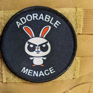 Cute bunny rabbit  adorable menace meme 3" circle removable morale patch with hook and loop backing toddler