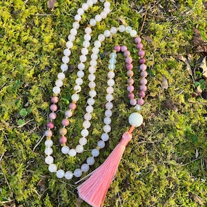 108 Bead Mala - Love and Compassion Mala - Rose Quartz, Rhodonite, Selenite, Bodhi Seed // Hand Knotted