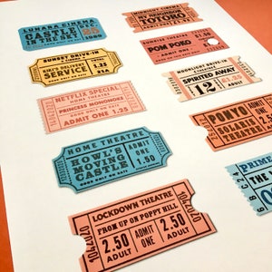 May include: A collection of vintage-style movie ticket stubs featuring various animated films, including "Castle in the Sky", "My Neighbor Totoro", "Pom Poko", "Spirited Away", "Howl's Moving Castle", "Ponyo", and "Lockdown Theatre". The tickets are printed on different coloured paper, including pink, blue, and yellow, and feature the film title, date, and admission price.