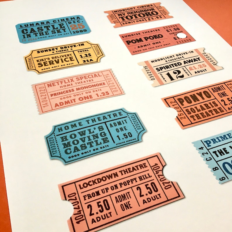 May include: A collection of vintage-style movie ticket stubs featuring various animated films, including "Castle in the Sky", "My Neighbor Totoro", "Pom Poko", "Spirited Away", "Howl's Moving Castle", "Ponyo", and "Lockdown Theatre". The tickets are printed on different coloured paper, including pink, blue, and yellow, and feature the film title, date, and admission price.