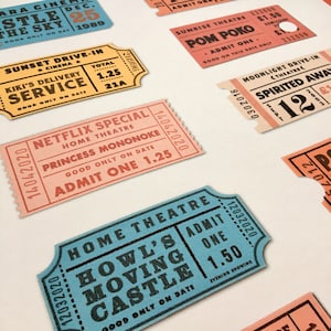 May include: A collection of vintage-style cinema ticket stubs featuring various film titles and prices. The tickets are printed on colourful paper with black text and are arranged in a random pattern.